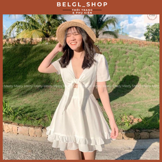 Đầm nữ babydoll màu trắng thắt nơ ngực ngắn tay dáng xòe công chúa vải đũi trơn mềm mịn