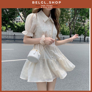 Đầm xoè chiffon ngắn tay màu trắng phong cách Hàn Quốc xinh xắn
