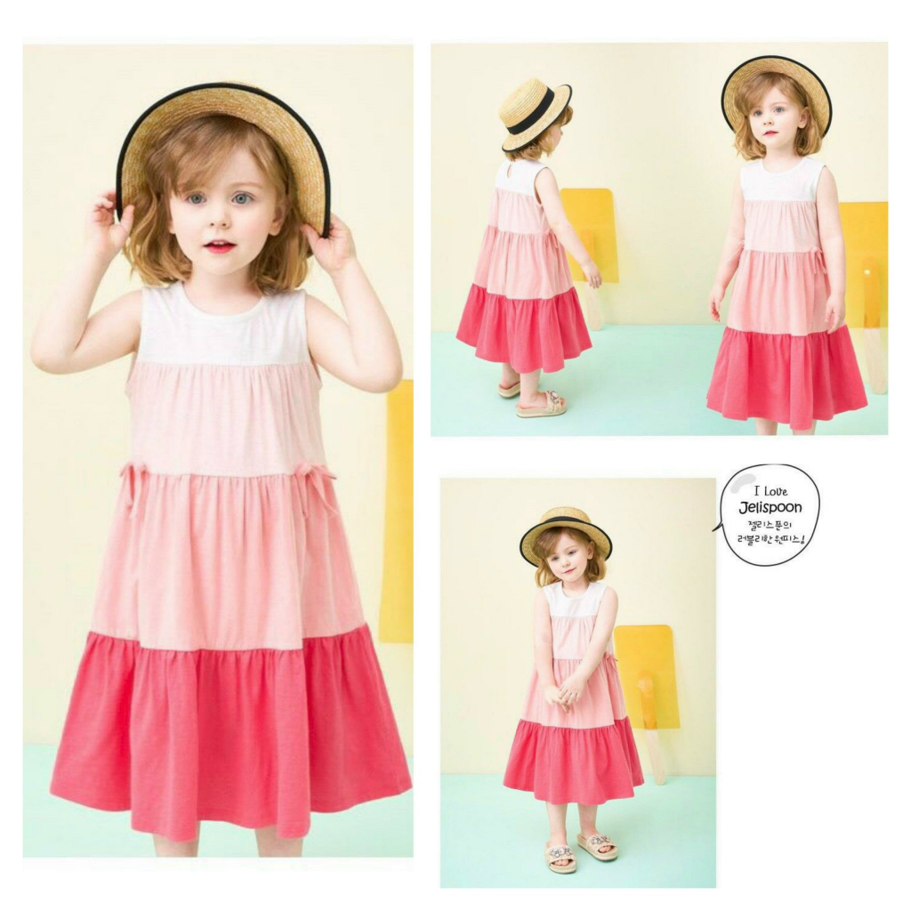 Váy maxi bé gái Jelispoon xuất Hàn. Phối màu 3 tầng nhẹ nhàng mà xinh lắm. Chất thu Hàn mềm mát. Size 100-150