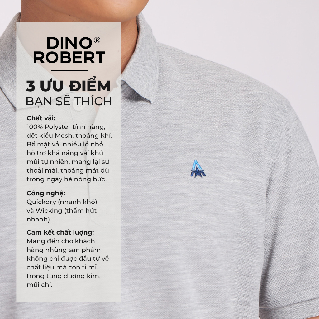 Áo Polo Nam Basic DINO ROBERT, Trơn Ngăn Tay Bo Vải Poly Thoáng Khí, Co Giãn 2 Chiều - Màu Ghi