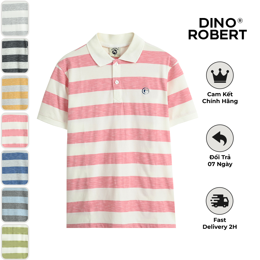Áo Polo Nam Sọc Kẻ Ngang Dino Robert, Ngắn Tay Bo Trẻ Trung Cotton Siêu Thấm Hút - Màu Hồng