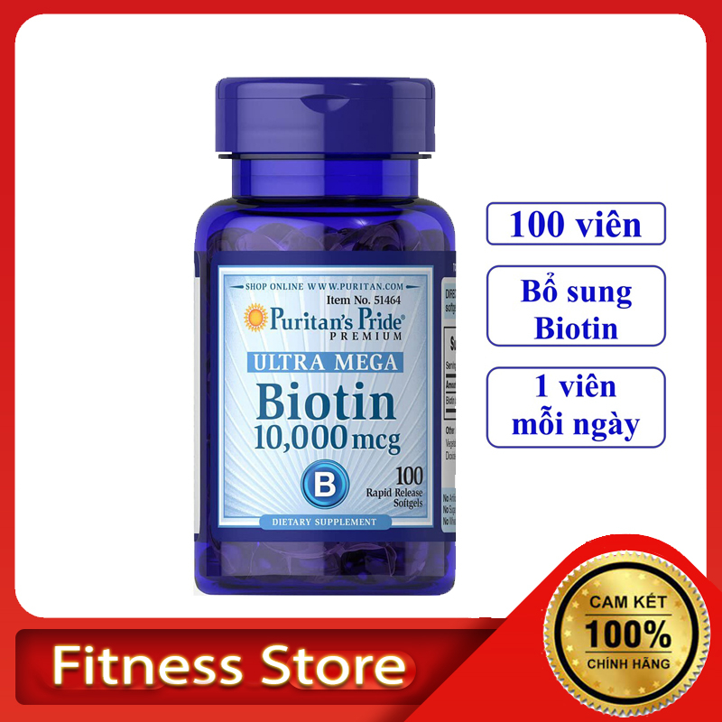 Viên uống Puritan's Pride Biotin 100 viên 10,000mcg hỗ trợ ngăn rụng tóc, làm đẹp da, móng