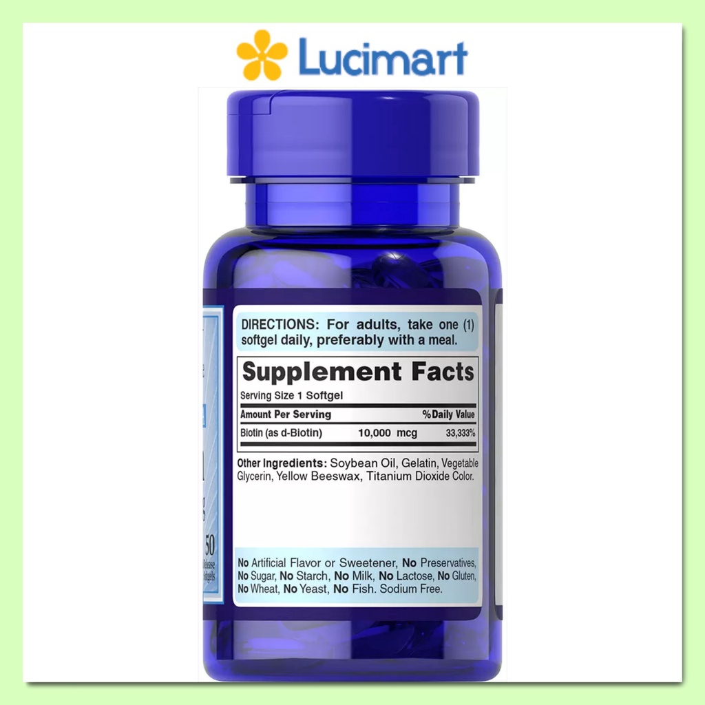 Viên uống Puritan's Pride Biotin 100 viên 10,000mcg hỗ trợ ngăn rụng tóc, làm đẹp da, móng