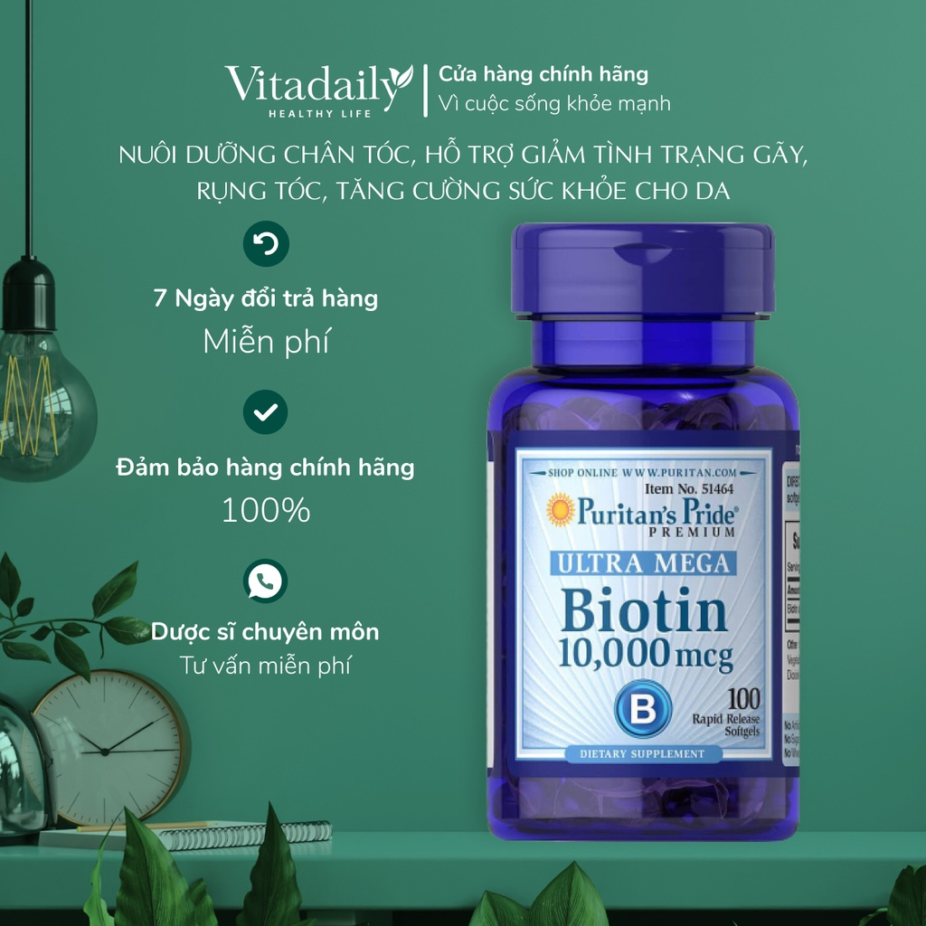 Viên uống Puritan's Pride Biotin 100 viên 10,000mcg hỗ trợ ngăn rụng tóc, làm đẹp da, móng