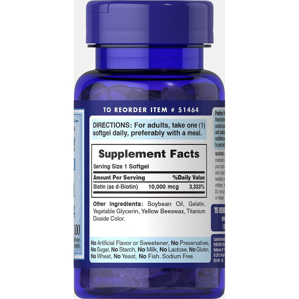 Viên uống Puritan's Pride Biotin 100 viên 10,000mcg hỗ trợ ngăn rụng tóc, làm đẹp da, móng