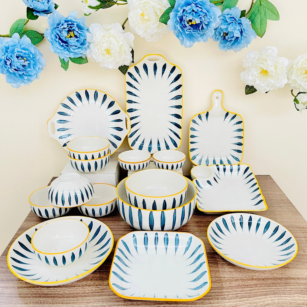 Bát Đĩa Gốm Sứ Decor, Bát Ăn Cơm, Bát Ăn Chè, Chén Dĩa Dễ Thương Bộ Bát Đĩa Nhật lá Liễu Xinh yêu