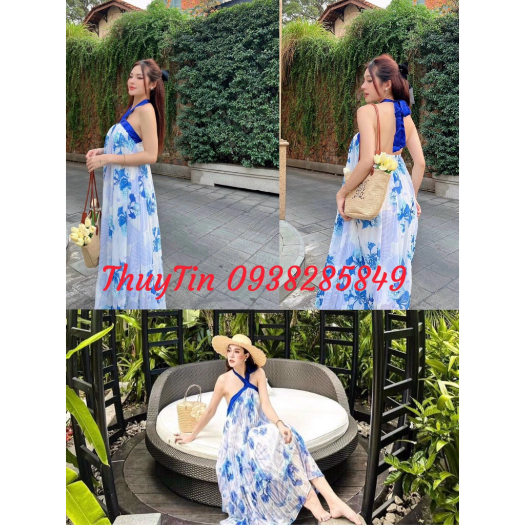 Đầm maxi hoa xanh cổ yếm dáng dài chất voan dập ly sang chảnh
