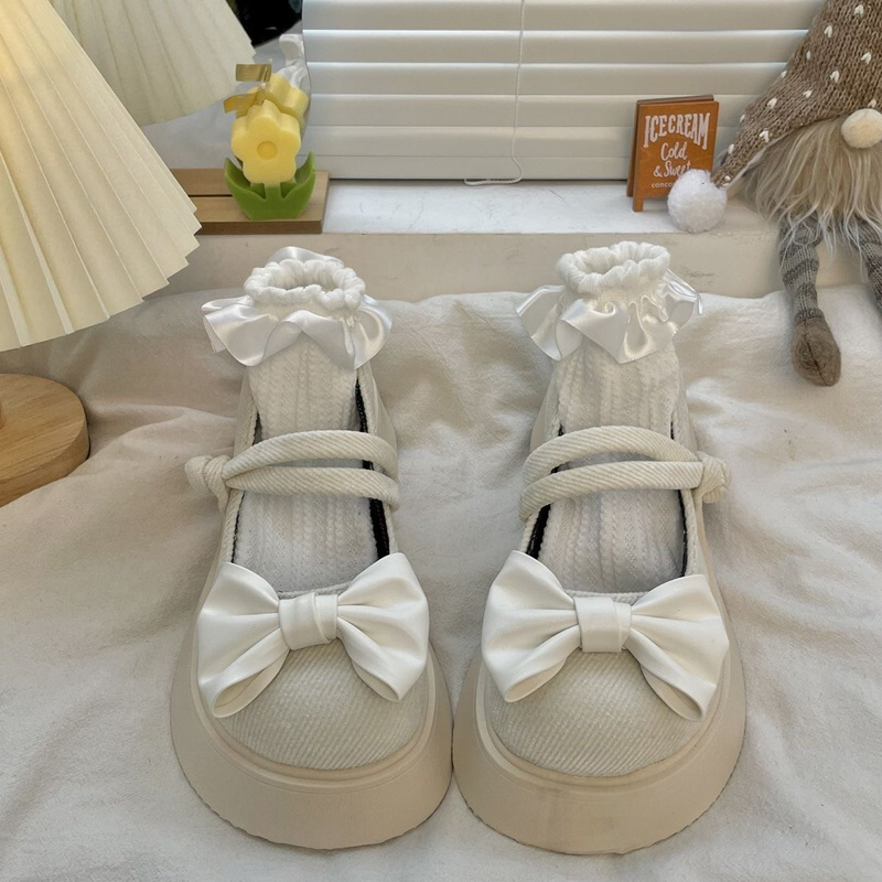 Giày Lolita Đính Nơ Đế Cao Thiết Kế Chất Liệu Vải Phong Cách Vintage