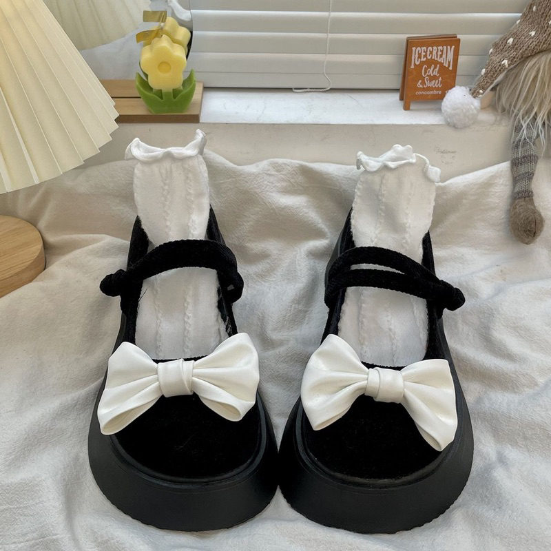 Giày Lolita Đính Nơ Đế Cao Thiết Kế Chất Liệu Vải Phong Cách Vintage