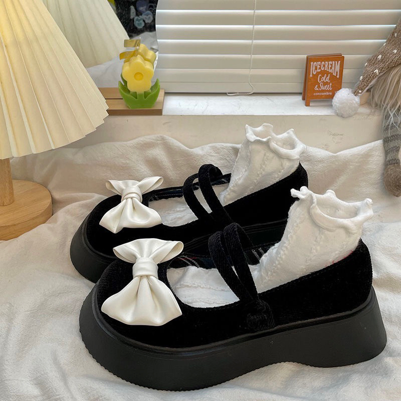 Giày Lolita Đính Nơ Đế Cao Thiết Kế Chất Liệu Vải Phong Cách Vintage