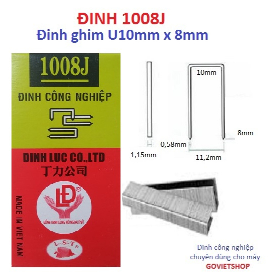 Đinh J1008 hộp 5000 cây ghim U10mm x dài 8mm bấm gỗ ván vật liệu trang trí