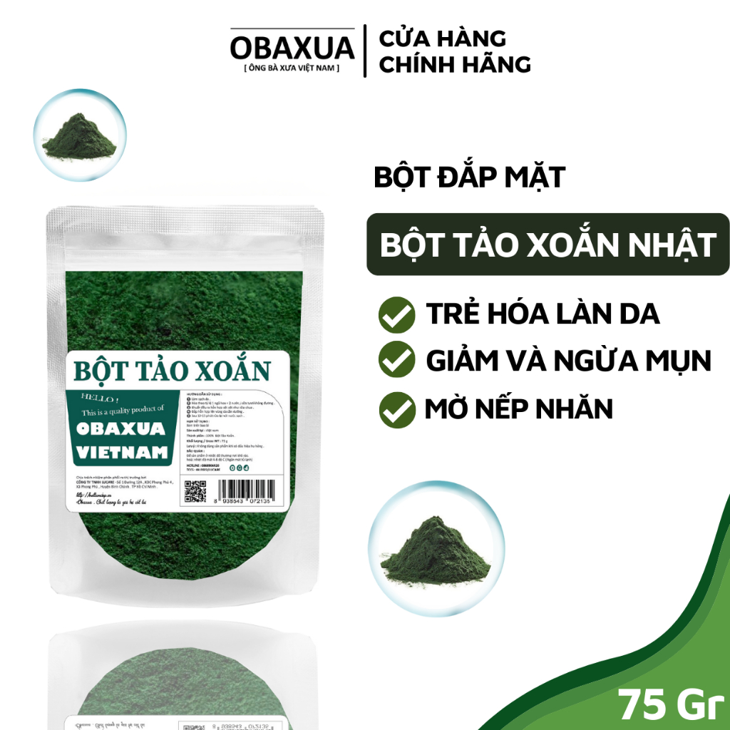Bột Tảo xoắn đắp mặt nạ OBAXUA nguyên chất - mặt nạ giúp trẻ hóa da, mờ nhăn, ngừa mụn