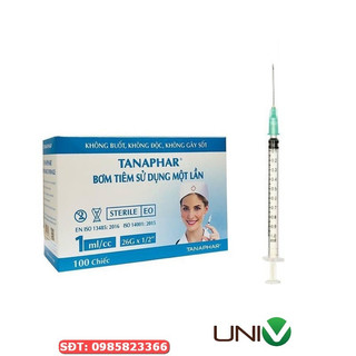 Hộp 100 cây bơm tiêm 1ml Tanaphar sử dụng 1 lần, Bơm kim tiêm ống chích sử dụng 1ml tiệt trùng - UNIV