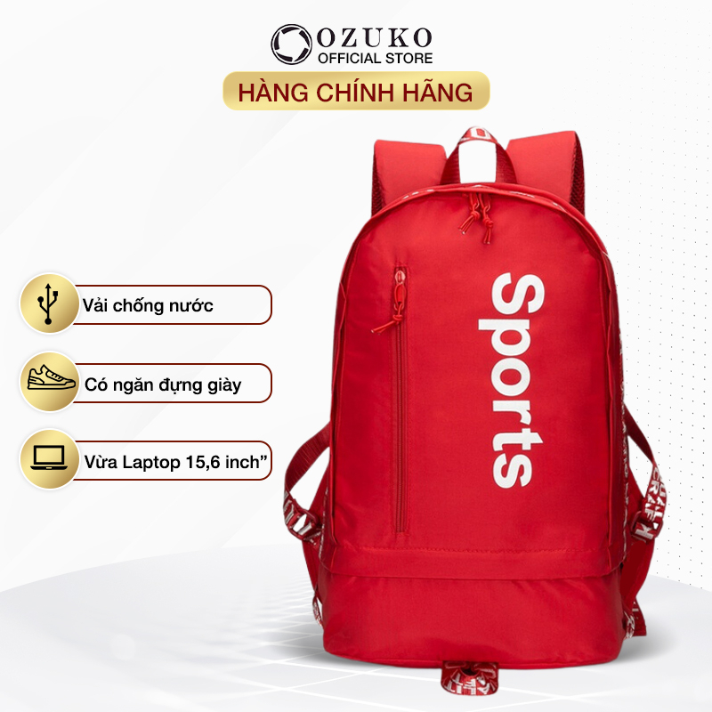 Balo thể thao unisex OZUKO 9111 đi học đi chơi in chữ Sports trắng vải chống thấm nước