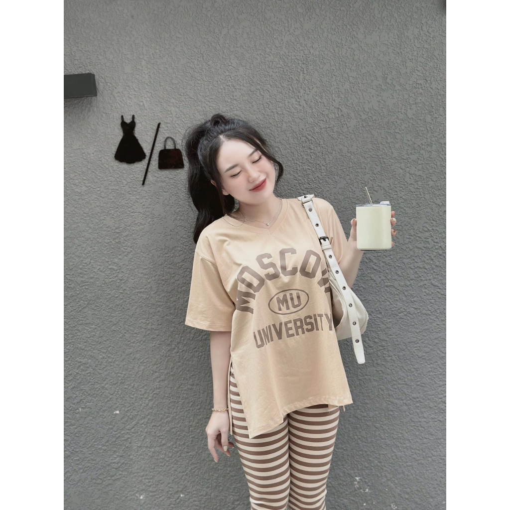 [5.5 Sales Freeship] Set bộ áo thun from rộng in chữ cổ tim xẻ tà phối quần dài ống ôm kẻ sọc mặc đi chơi trẻ trung mtb