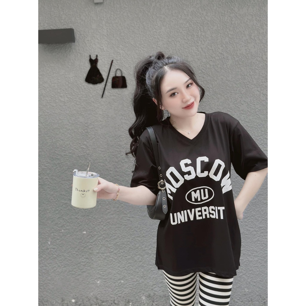 [5.5 Sales Freeship] Set bộ áo thun from rộng in chữ cổ tim xẻ tà phối quần dài ống ôm kẻ sọc mặc đi chơi trẻ trung mtb
