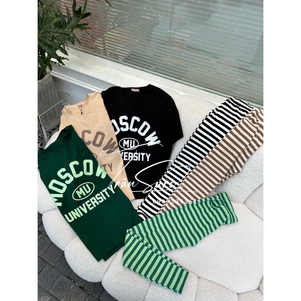[5.5 Sales Freeship] Set bộ áo thun from rộng in chữ cổ tim xẻ tà phối quần dài ống ôm kẻ sọc mặc đi chơi trẻ trung mtb