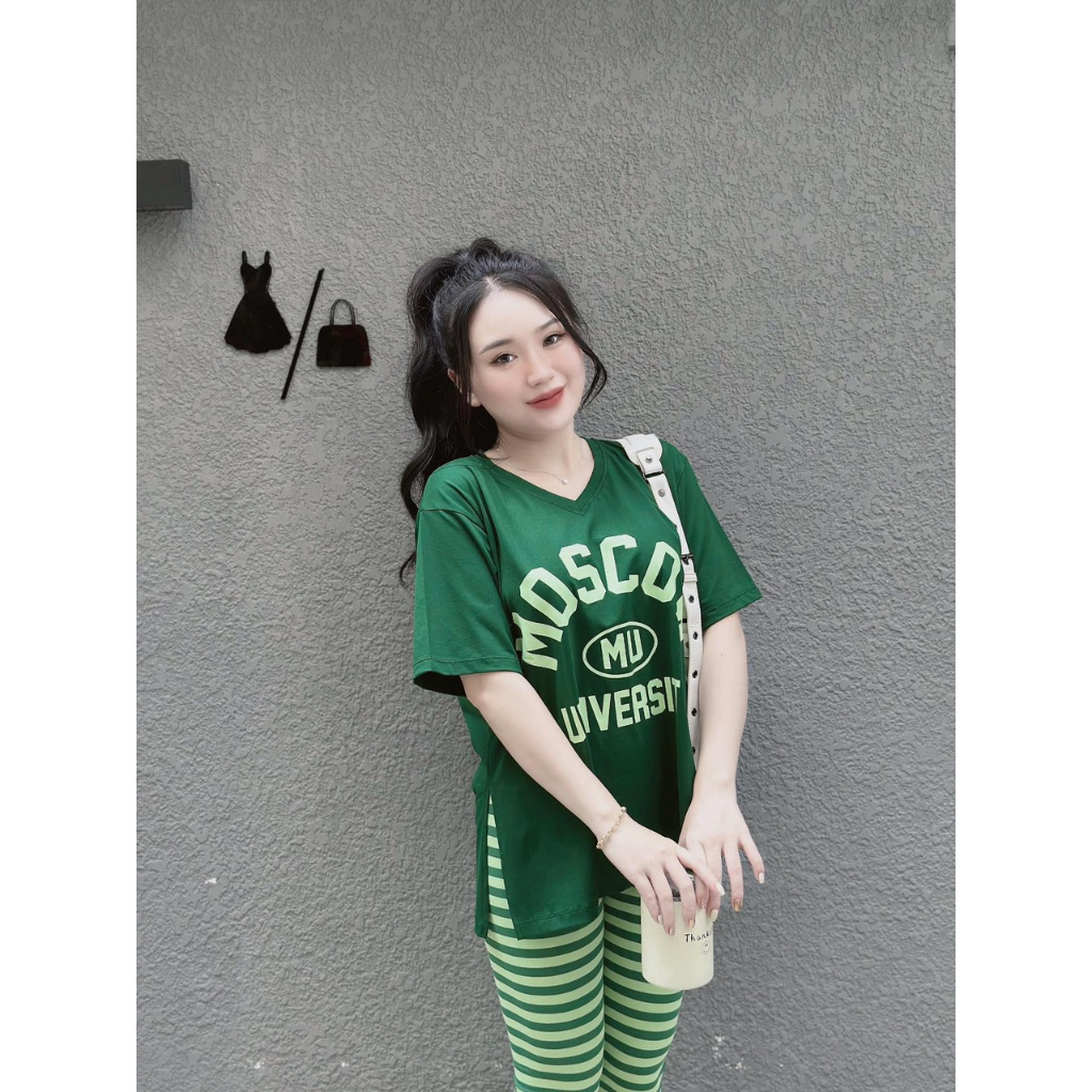 [5.5 Sales Freeship] Set bộ áo thun from rộng in chữ cổ tim xẻ tà phối quần dài ống ôm kẻ sọc mặc đi chơi trẻ trung mtb