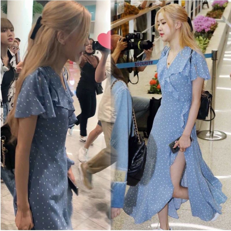 Đầm maxi đuôi cá chấm bi màu xanh nhạt giống Rosé Blackpink