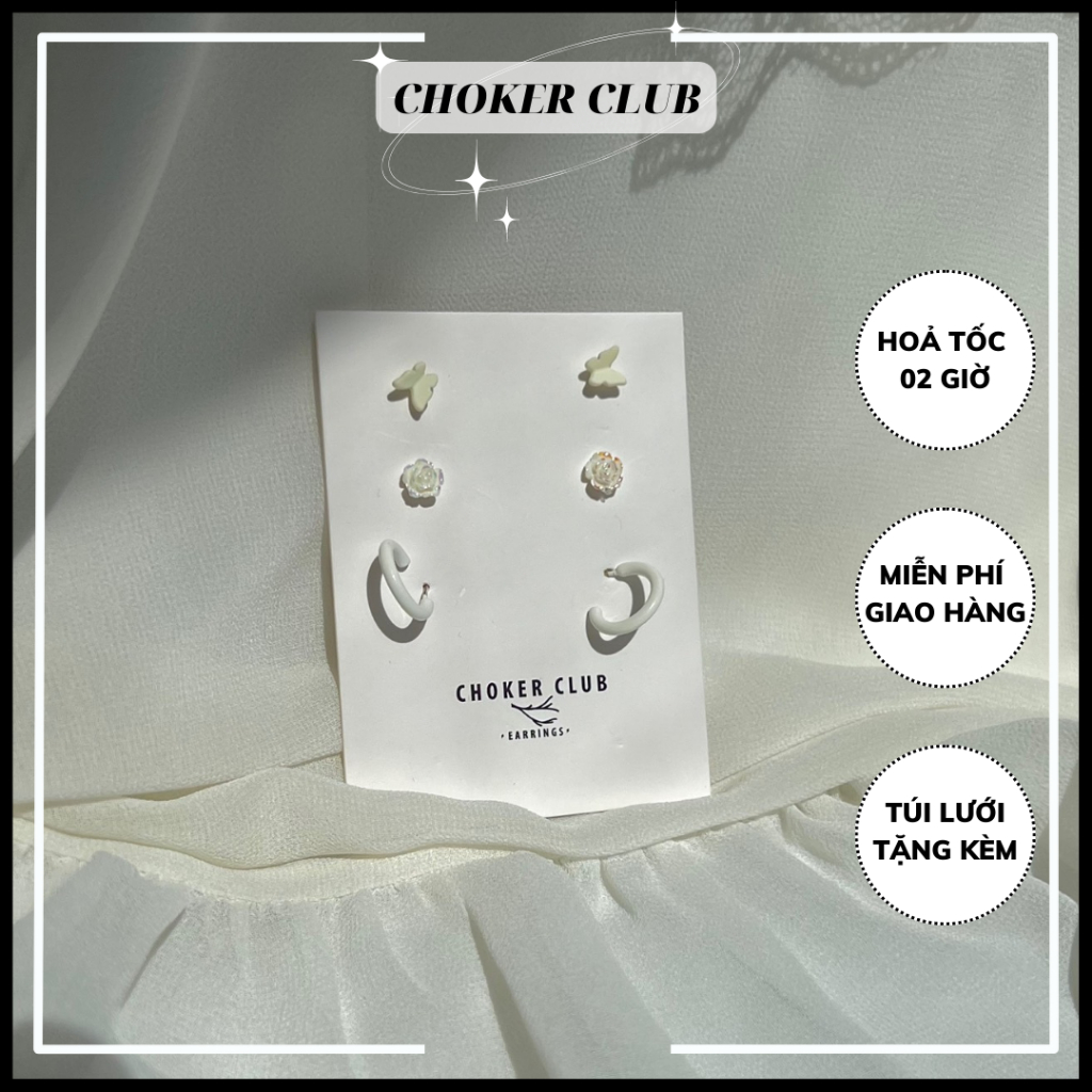 Set 3 đôi hoa tai hình bướm và hoa màu trắng E81 Choker Club