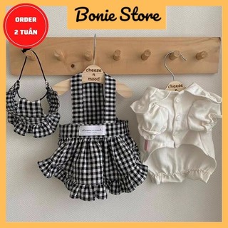 Set áo yếm kèm mũ chó mèo thú cưng kẻ caro đen dễ thương