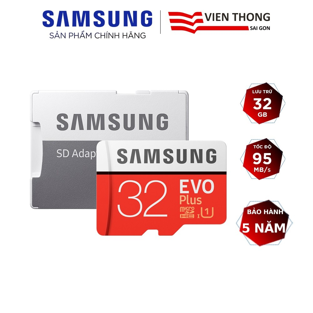 Thẻ nhớ microSDHC Samsung Evo Plus 32GB upto 95MB/s U1 kèm Adapter (Bảo hành 5 năm) - Hãng phân phối chính thức