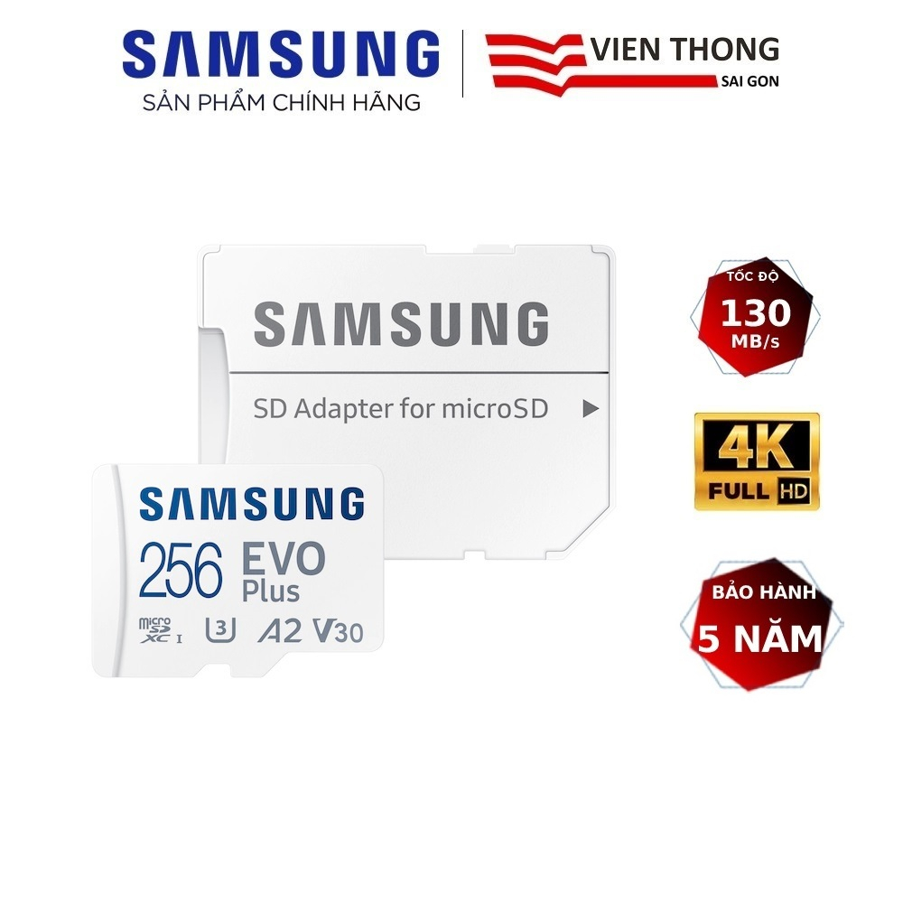 Thẻ nhớ microSDXC Samsung Evo Plus MB-MC256KA 256GB upto 130MB/s C10 U3 kèm Adapter (Bảo hành 5 năm)