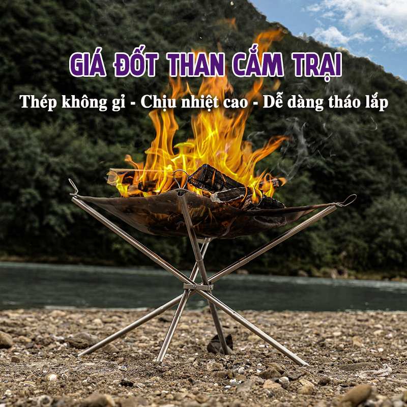Bếp Củi Dã Ngoại Cắm Trại Du Lịch Giá Đốt Than Gấp Gọn Ngoài Trời Bằng Thép Không Gỉ Bền Nhẹ Lò Nướng Than VT207