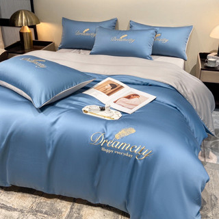 Bộ Chăn Ga Gối Phi Lụa Dream city Lông vũ Happy everytime Nhập Khẩu,Set 4 món vỏ chăn