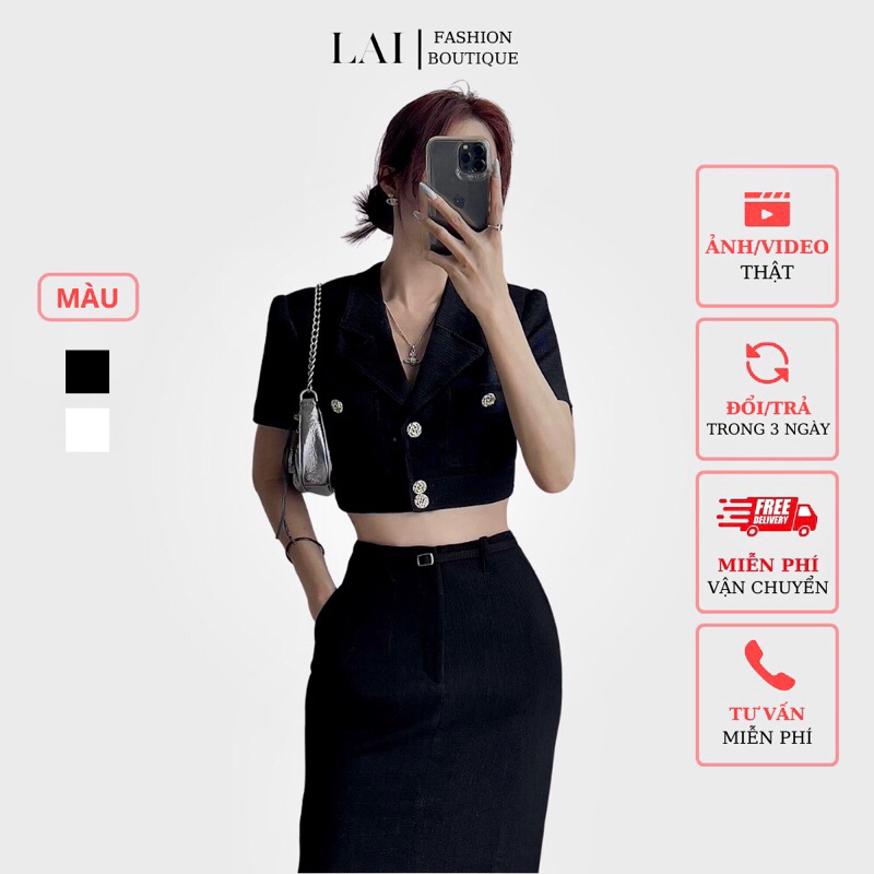 Set Áo Croptop Lai Collection áo đính cúc cổ vest phối Chân Váy bút chì dáng dài xẻ tà kèm thắt lưng