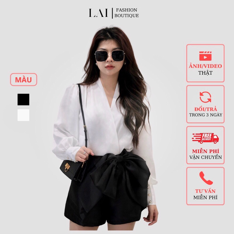 Set quần áo sơ mi lụa nhún xẻ ngực mix quần lụa giả váy thắt nơ, set quần áo nữ lụa chéo ngực quần phồng nơ eo tiểu thư