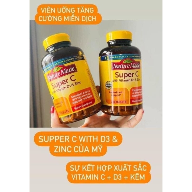 VIÊN UỐNG HỖ TRỢ MIỄN DỊCH SUPER C VỚI VITAMIN D3 + ZINC, NATURE MADE
