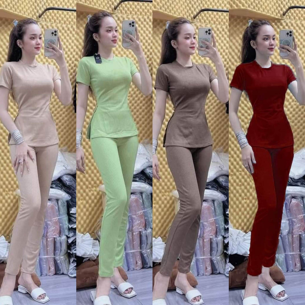 Đồ bộ nữ, set đồ bộ quần legging đai cao có túi kèm áo ngắn tay xẻ lai cổ tròn vải thun cotton gân, bộ độ nữ