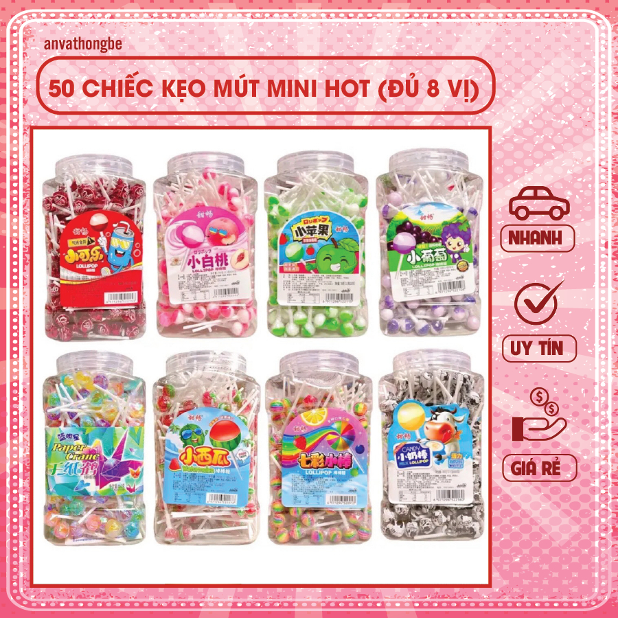 Kẹo mút mini lấp lánh/ táo, nho, đào, cầu vồng, sữa chua, coca gồ 50 chiếc mix các vị trái cây