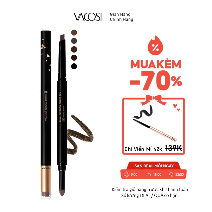 Chì Mày Định Hình VACOSI: Sáp + Bột + Chổi - VACOSI Dual EyeBrow Shape Pen, 5 màu