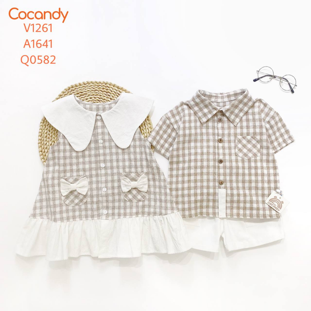 Set đồ cho bé -Váy caro NÂU đuôi cá 2 nơ BE và Áo cộc caro NÂU phối vạt TRẮNG mã V1261,A1641