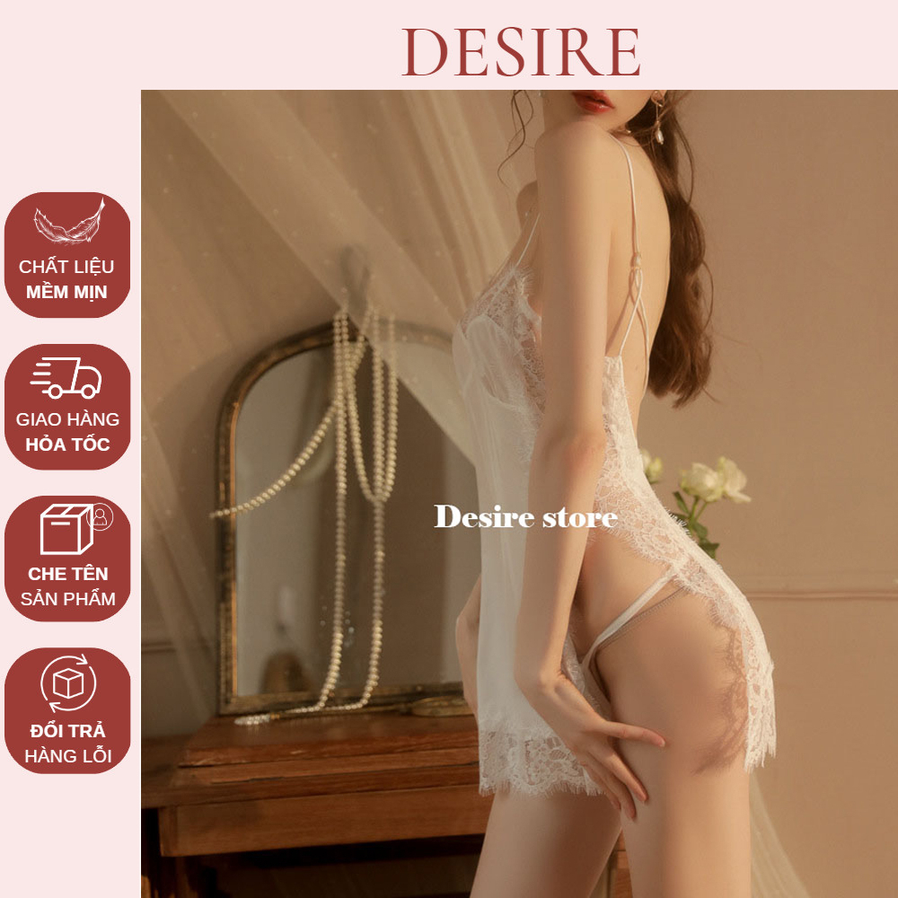 Váy ngủ lụa 2 dây phối ren hoa xẻ tà gợi cảm Desire VN-8487