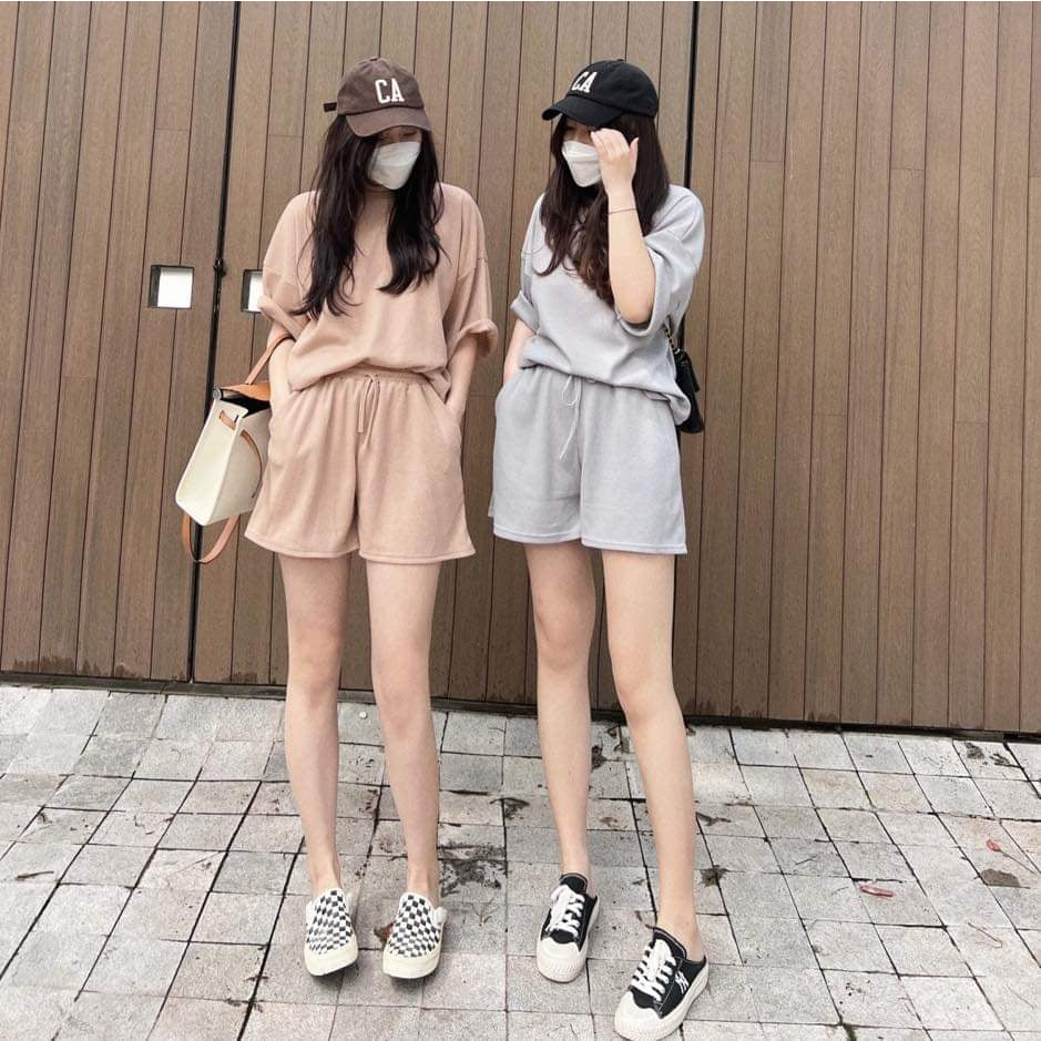 Set bộ đồ Nữ xinh chất tổ ong dầy dặn, Quần Jogger kèm áo thun tay lỡ thêu hình mặt cười siêu dễ thương