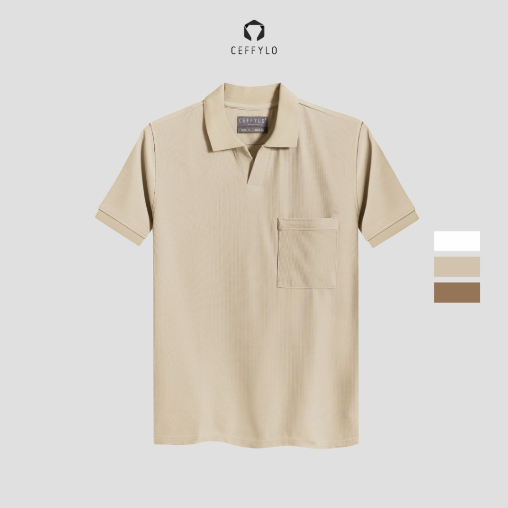 Áo Polo Nam Cỏ V Phối Túi , Vải Dệt Tổ Ong Màu Be , Chất Liệu Cotton Cao Cấp CEFFYLO