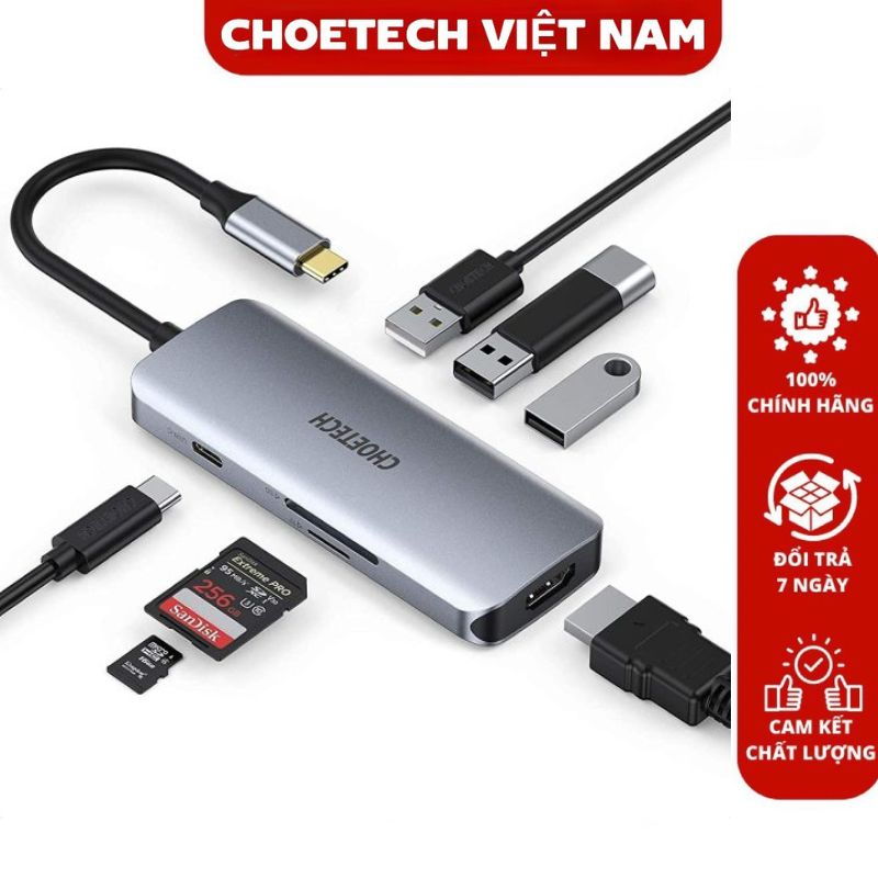 Hub chuyển đổi Choetech HUB-M19 7 in 1 (Type-C to HDMI+ USB*3+ PD 100W +SD/TF)- Hàng chính hãng