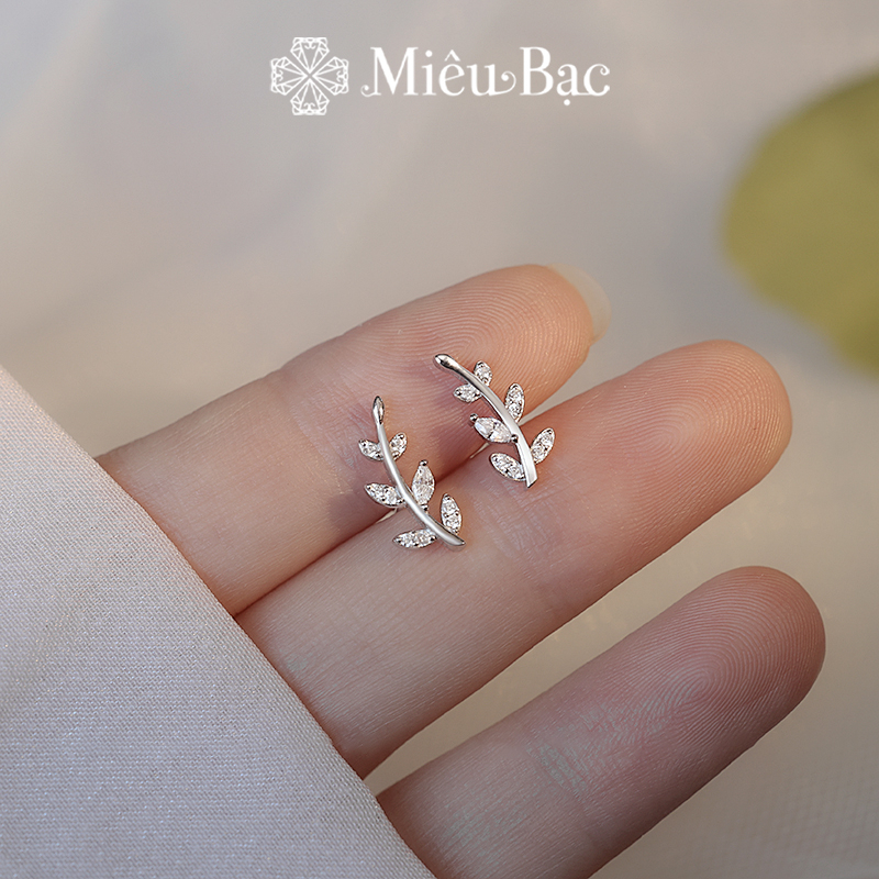 Bông tai bạc nữ cành lá kẹp vành nạm đá chất liệu bạc 925 thời trang phụ kiện trang sức Miêu Bạc B400246