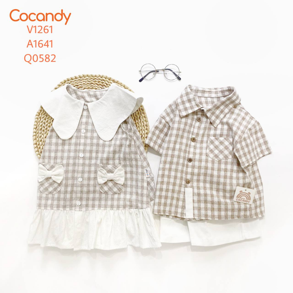 Set đồ cho bé -Váy caro NÂU đuôi cá 2 nơ BE và Áo cộc caro NÂU phối vạt TRẮNG mã V1261,A1641