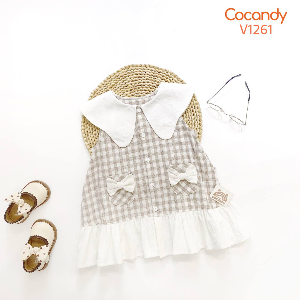 Set đồ cho bé -Váy caro NÂU đuôi cá 2 nơ BE và Áo cộc caro NÂU phối vạt TRẮNG mã V1261,A1641