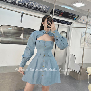 Set đầm váy bò jean denim cúp ngực thiết kế cao cấp
