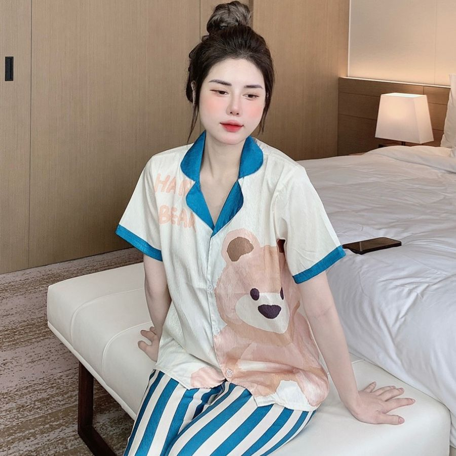 Bộ đồ ngủ nữ pyjama vải lụa xước cao cấp - Pyjama nữ vải lụa xước freesize cho cân nặng 40-60kg