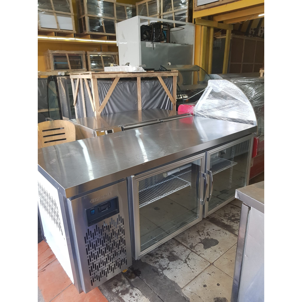 tủ bàn mát inox 2 cửa kính hiệu berjaya nhập khẩu malaysia mới 95%