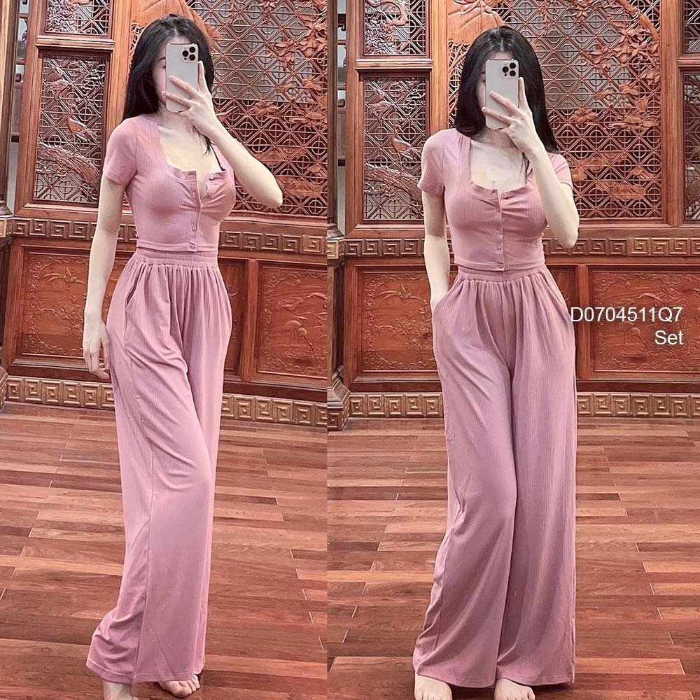 Set tăm áo nút croptop tay ngắn+ quần ống suông dài!