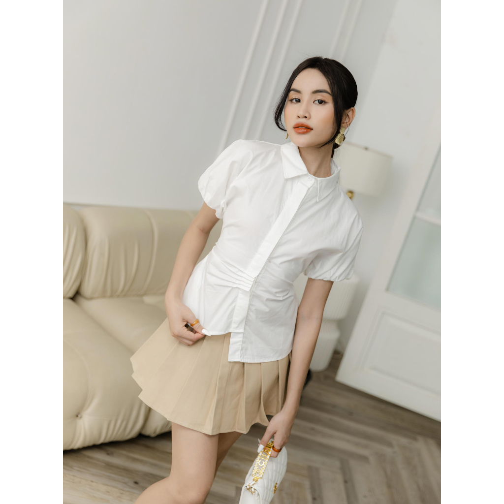 Set Nữ Stylish Shirt Pleat Skirt, Chất Vải Chân Váy Kaki Dẻo Hàn Lót Lụa, Áo Xi Cotton, WSB047, SOMEHOW