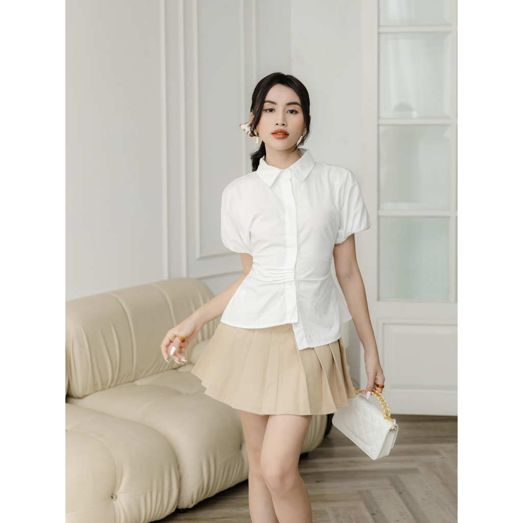 Set Nữ Stylish Shirt Pleat Skirt, Chất Vải Chân Váy Kaki Dẻo Hàn Lót Lụa, Áo Xi Cotton, WSB047, SOMEHOW