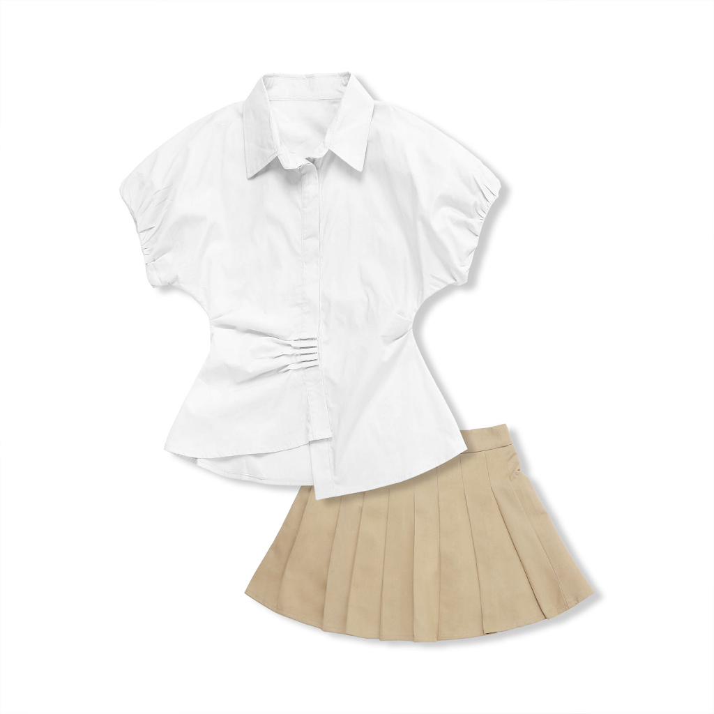 Set Nữ Stylish Shirt Pleat Skirt, Chất Vải Chân Váy Kaki Dẻo Hàn Lót Lụa, Áo Xi Cotton, WSB047, SOMEHOW